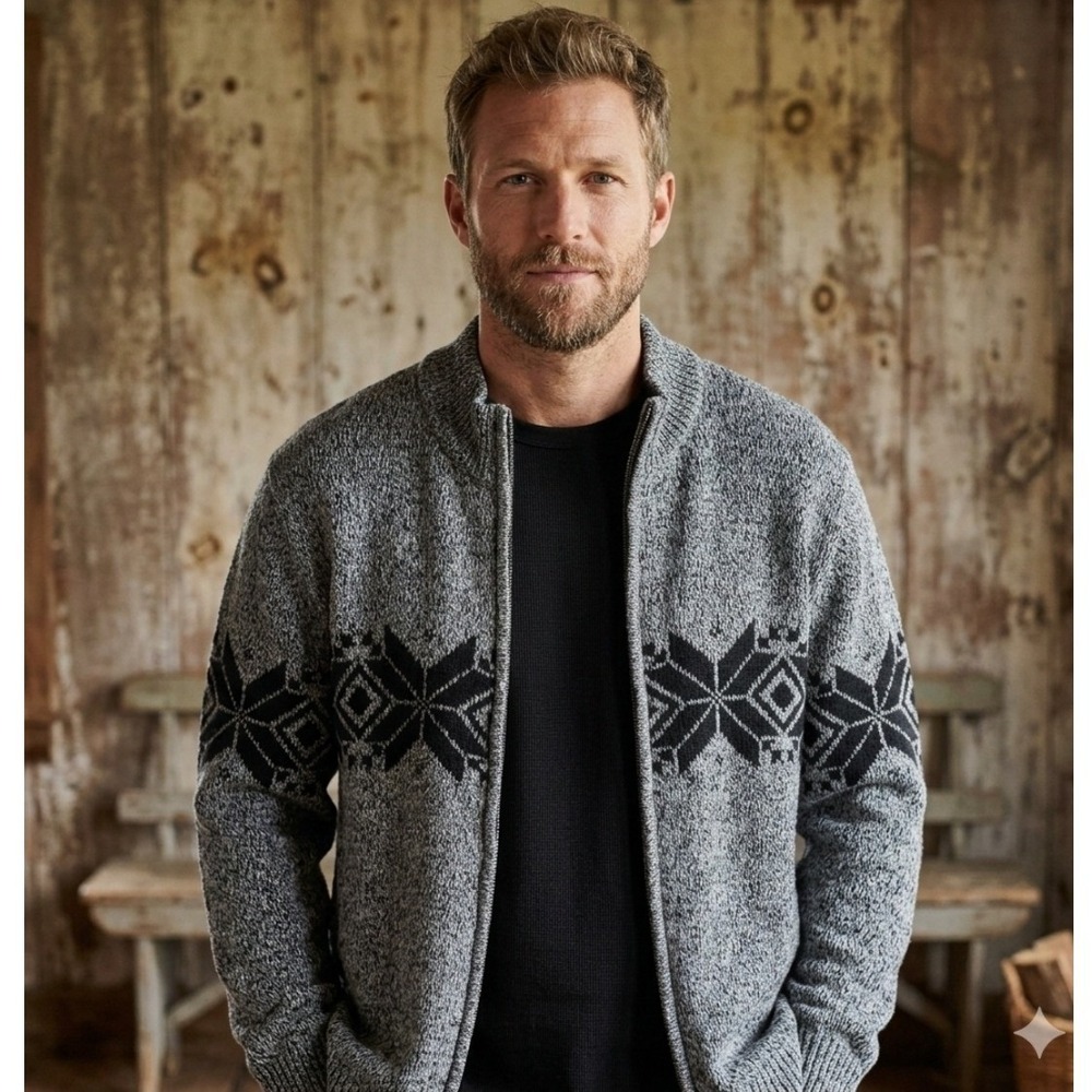 Chaps Mens XL Grey Marled Nordic Snowflake Full Zip Mock Neck Cardigan Sweater